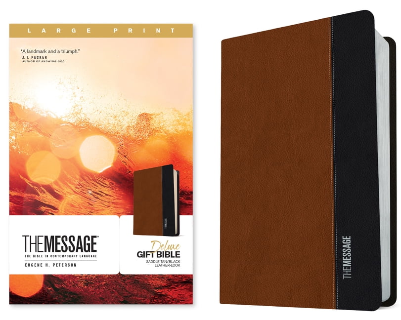 214794 The Message Deluxe Gift Bible, Saddle Tan & Black Leather - Large Print