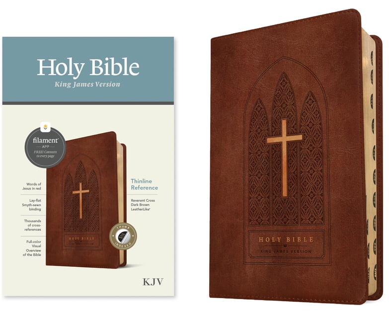 214963 KJV Thinline Reference Filament Enabled Edition Bible, Reverent Cross Dark Brown Leather