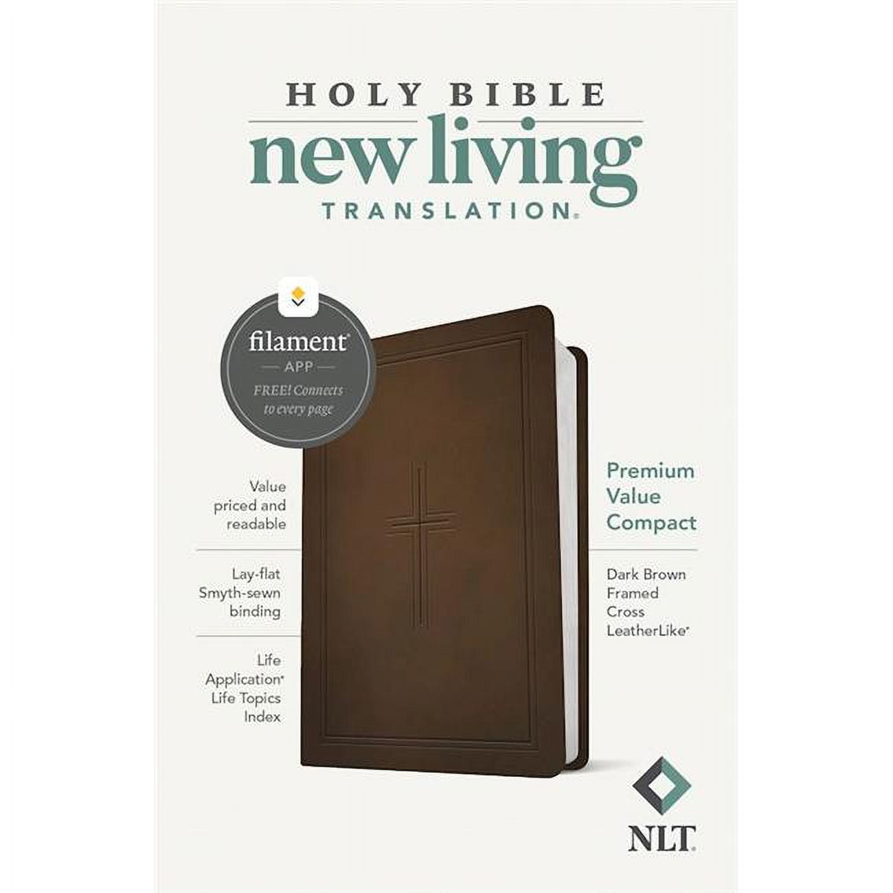 NLT Premium Value Compact Bible Filament Enabled-Dark Brown Framed Cross L