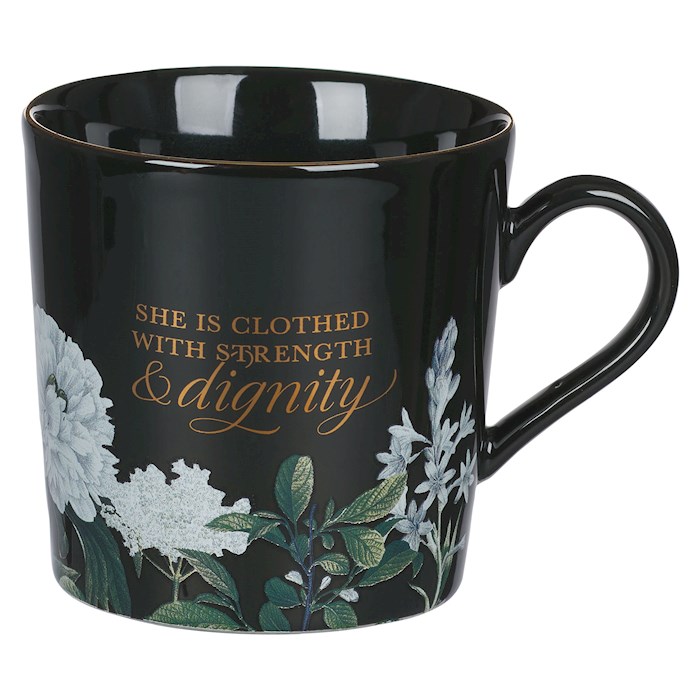 Picture of Christian Art Gifts 304800 She Is Clothed With Strength & Dignity Mug - Proverbs 31-25-Black Floral