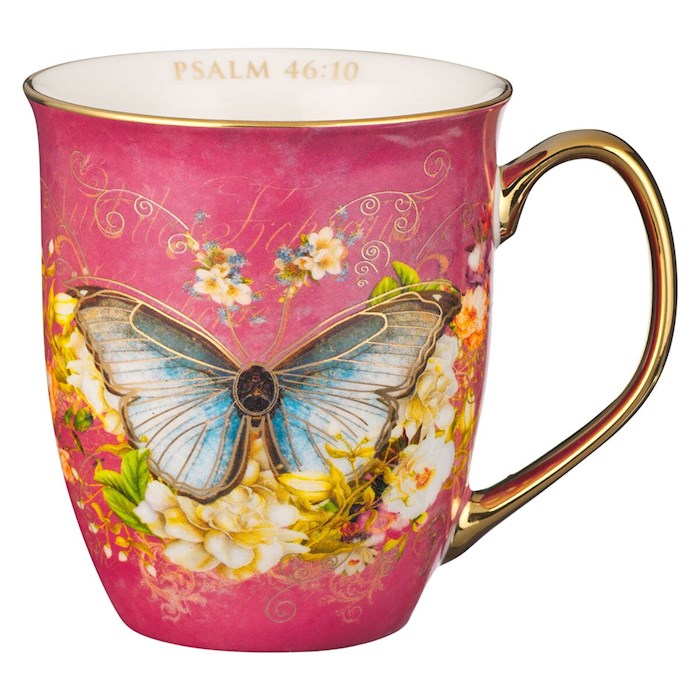 Picture of Christian Art Gifts 304805 Be Still & Know Psalm 46-10-Pink & White Butterfly Mug - MUG1018