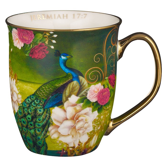 Picture of Christian Art Gifts 304806 Blessed Jeremiah 17-7-Blue & White Peacock Mug - MUG1019