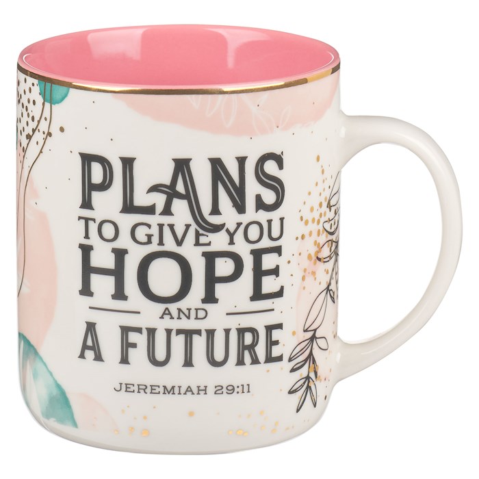 Picture of Christian Art Gifts 304809 Plans To Give You Hope Jeremiah 29-11-Pink & White Abstract & Leaves Mug