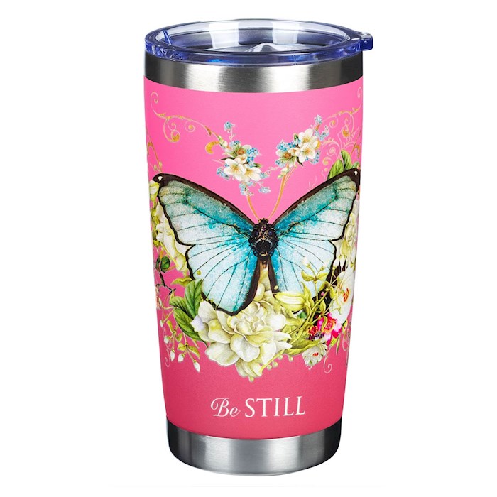 Picture of Christian Art Gifts 304819 Pink Butterfly Be Still Travel Mug