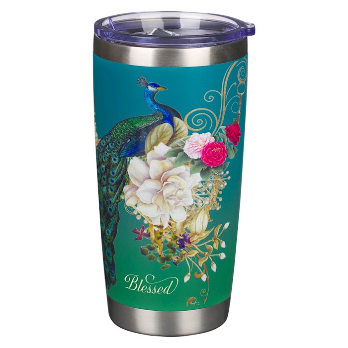 Picture of Christian Art Gifts 304820 Blue Peacock Blessed Travel Mug