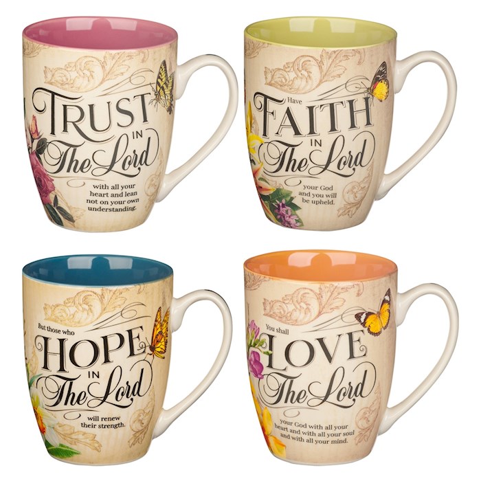 Picture of Christian Art Gifts 332065 Hope Trust Faith Love Floral Mug Set - Set of 4 - MUGS39