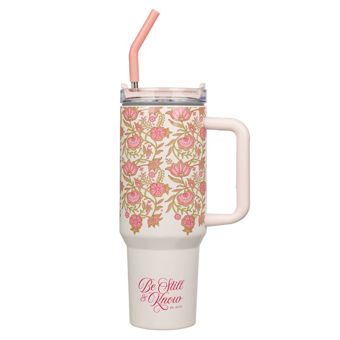 Picture of Christian Art Gifts 380590 Pink with Straw-Be Still Psalm 46.10 Stainless Steel Tumbler