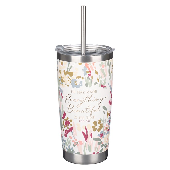 Picture of Christian Art Gifts 380594 Floral with Straw-Everything Beautiful Ecclesiastes 3.11 Stainless Steel Tumbler