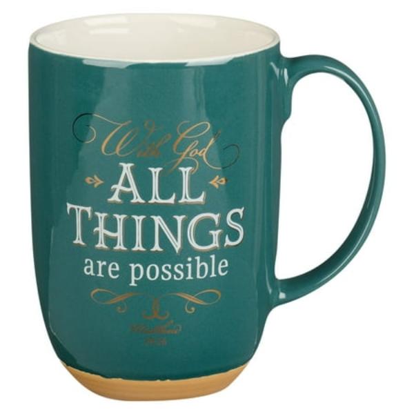 Picture of Christian Art Gifts 224639 15 oz Large Ceramic Coffee & Tea Mug - All Things are Possible Matthew 19-26 Scripture Design, Inspirational,   with Clay Base - Green & White