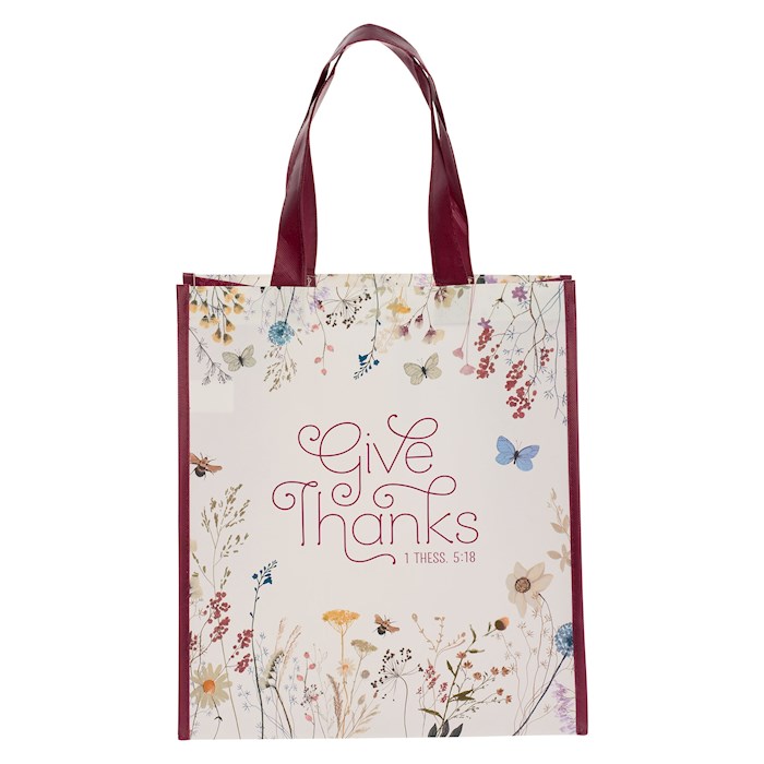 224660 Give Thanks Burgundy & White Floral Tote Bag