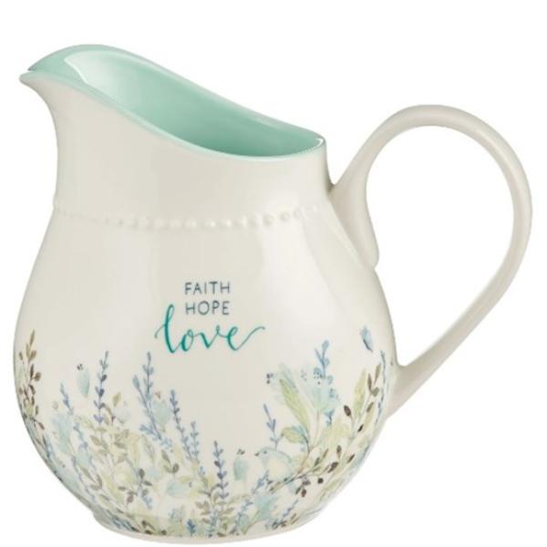 Picture of Christian Art Gifts 381072 Teal Floral Faith Hope Love Pitcher