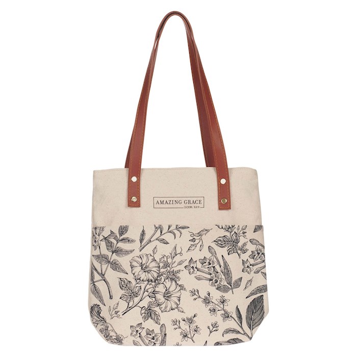 285459 Canvas Cream & Brown Amazing Grace 2 Corinthians 12.9 Tote Bag