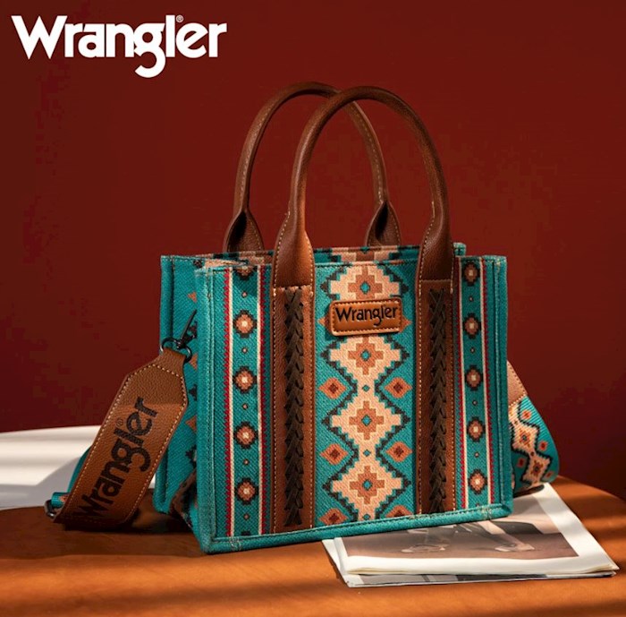 Picture of Montana West 381544 Wrangler Canvas Handbag & Bible Tote Aztec Turquoise with Removable Strap