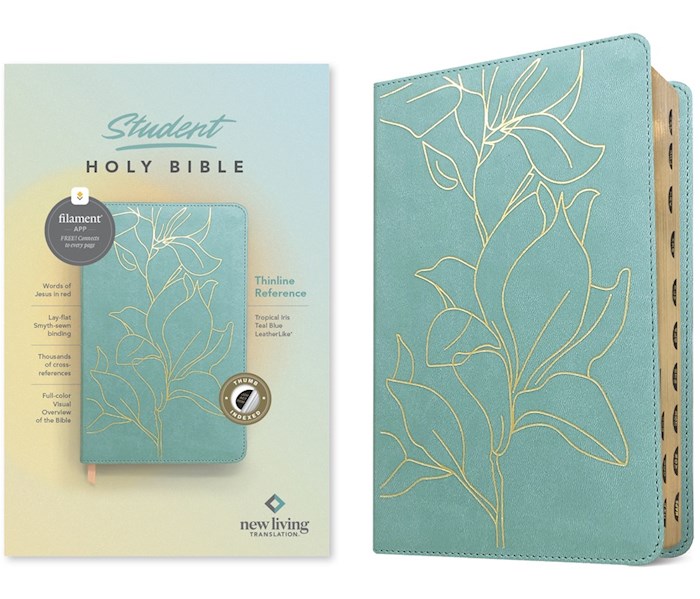 39745X NLT Student Thinline Reference Holy Filament Enabled Edition Teal Blue Tropical Iris Leather Like Indexed Bible