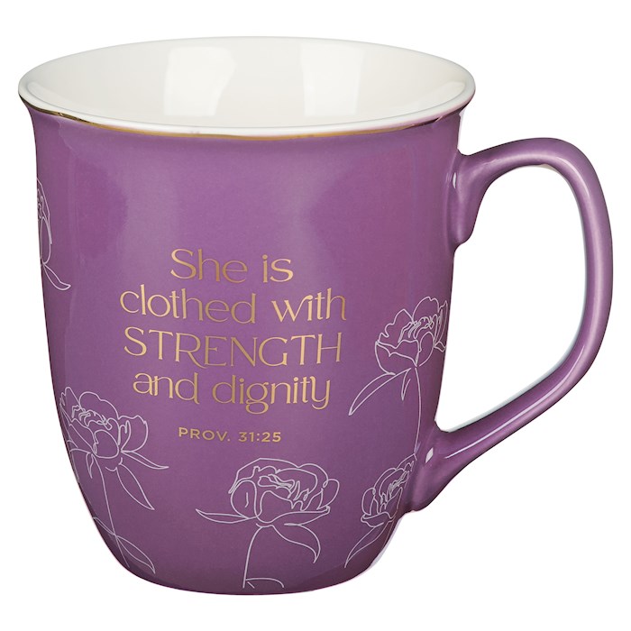 Picture of Christian Art Gifts 406246 She Is Clothed with Strength & Dignity Proverbs 31-25-Plum Blooms Mug