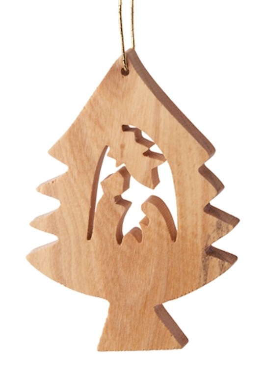 Earthwood 303825 Olive Wood 3D Christmas Tree with Holy Family Ornament - 2 in.