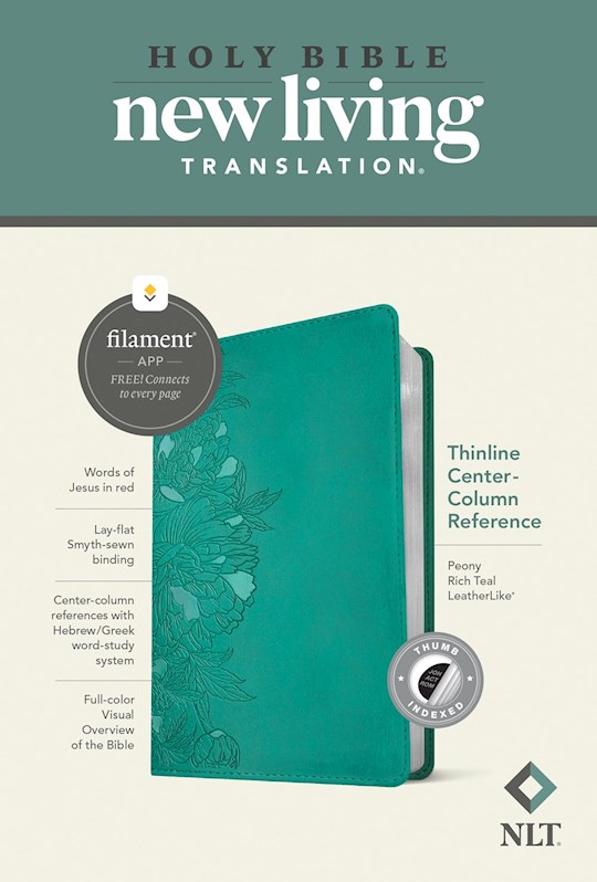 292533 NLT Thinline Center Column Reference Filament Enabled Peony Rich Teal Leather Like Indexed Bible