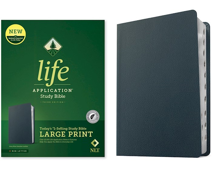359911 NLT Life Application Study Large Print Third Edition Navy Blue Genuine Leather Indexed Bible