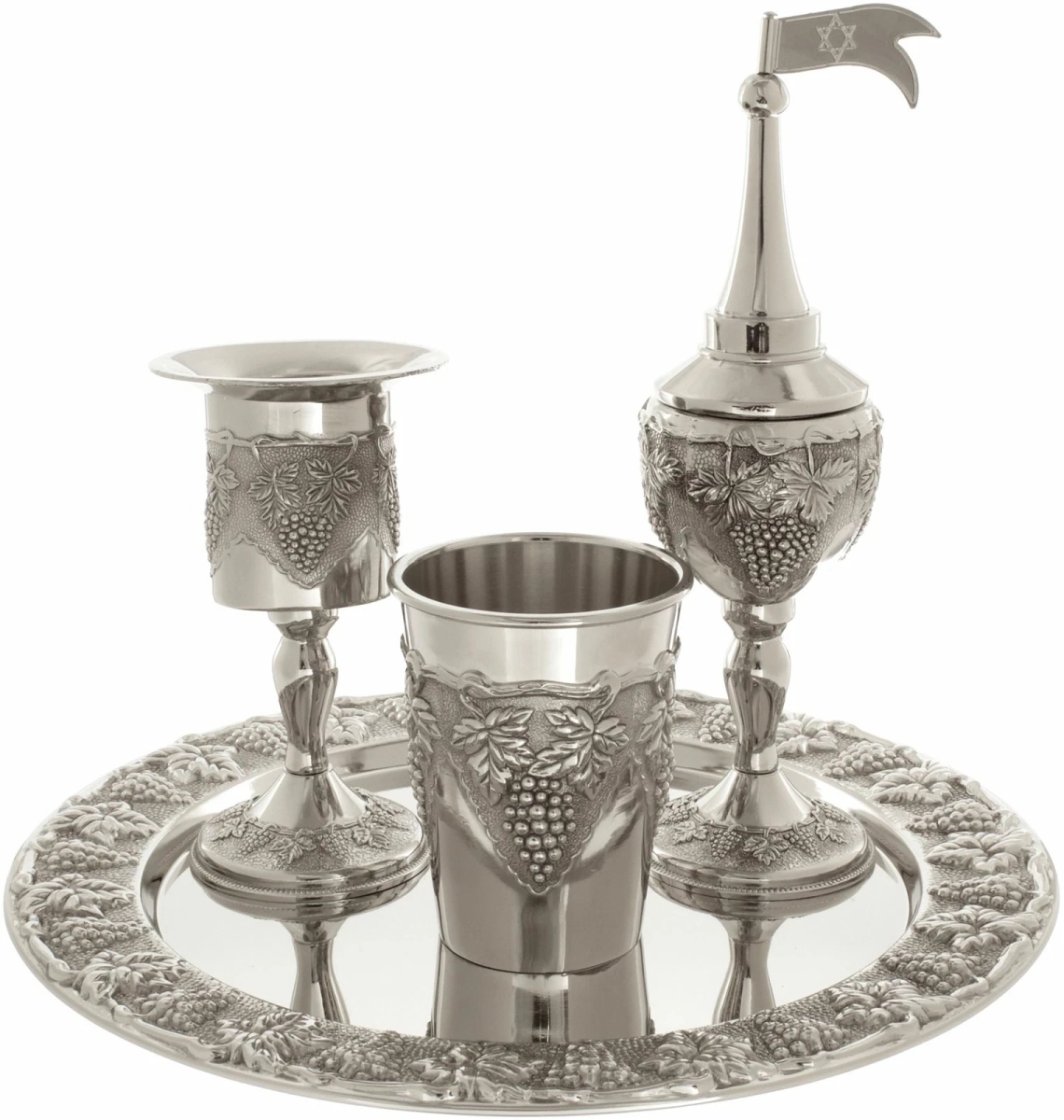 396931 Havdalah Set - Grape Vine Motif & Nickel Plated - 4 Piece