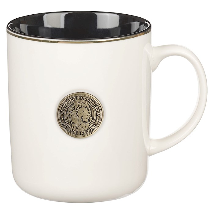 Picture of Christian Art Gifts 380578 Mug Black with Metal Lion Coin Joshua 1-9 - MUG1137