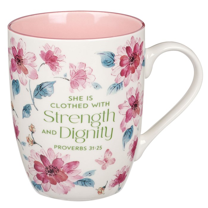 Picture of Christian Art Gifts 406224 Budget Strength & Dignity Proverbs 31-25 Mug, Pink Floral - MUG1063