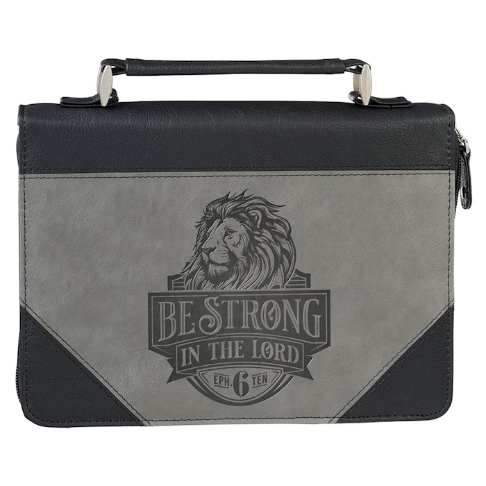 380522 Be Strong In The Lord Ephesians 6-10 Bible Cover, Black & Gray Lion Faux Leather