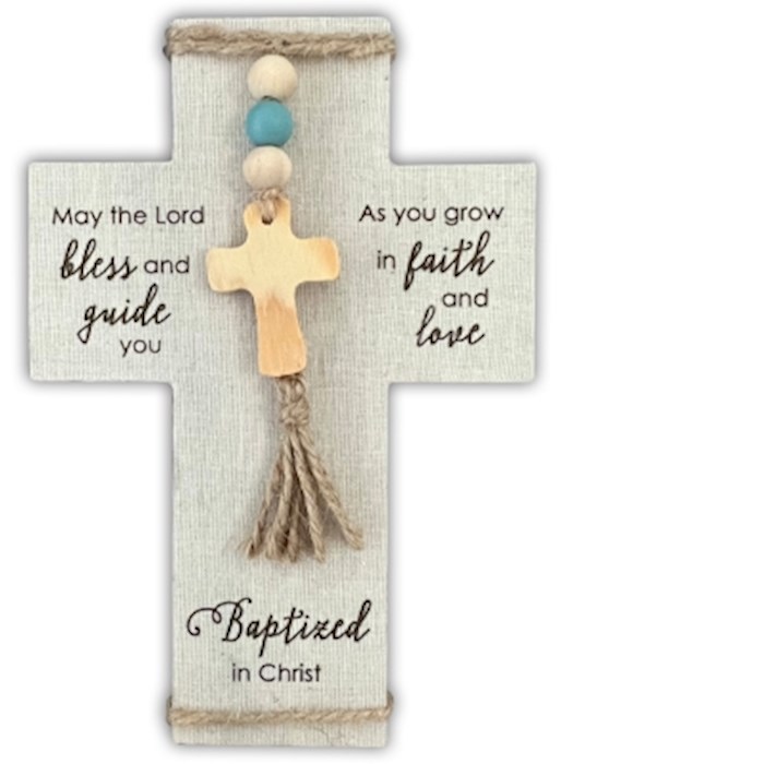 389970 Baptism Fabric Wrapped Baptized In Christ Cross, Blue - 5 x 7.5 in.