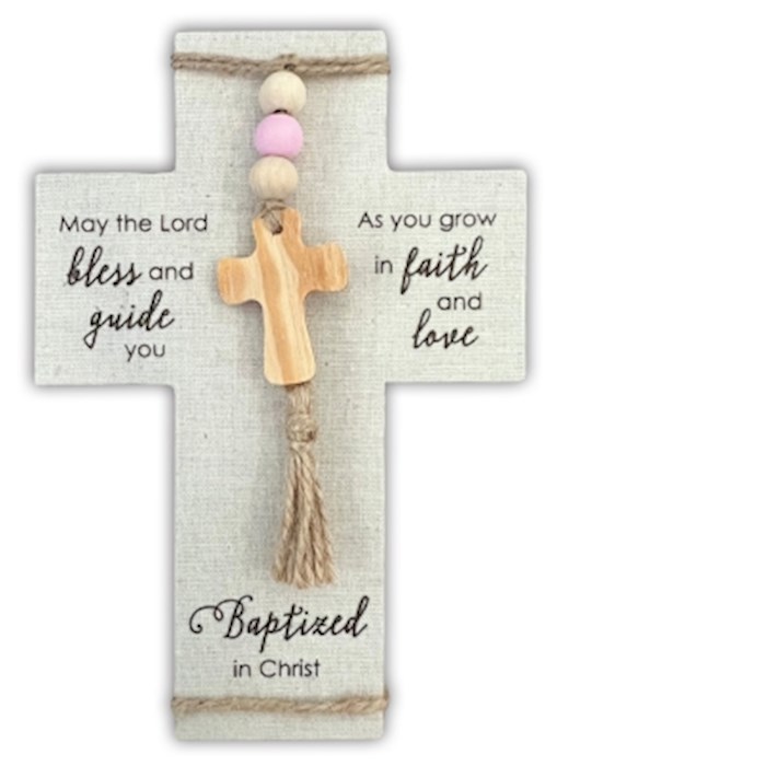 389971 Baptism Fabric Wrapped Baptized In Christ Cross, Pink - 5 x 7.5 in.