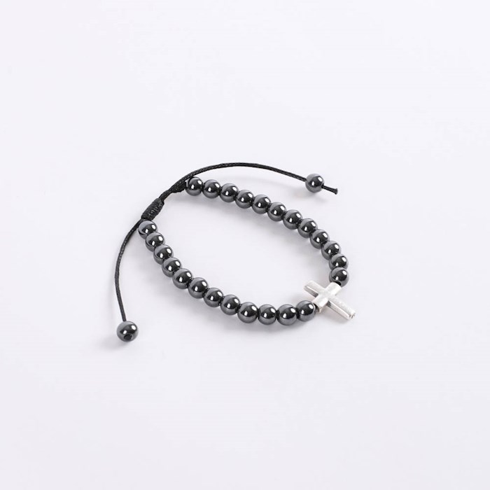 375673 Bracelet - Beaded Hematite with Cross Charm - Adjustable