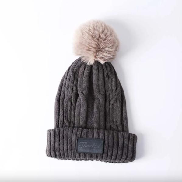 408106 Beanie with Pom, Gray - Thankful