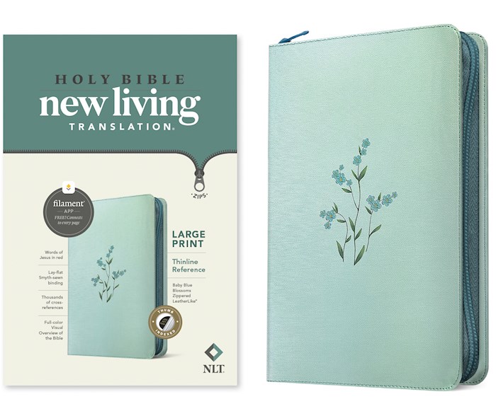 367856 NLT Large Print Thinline Reference Zipper Filament Enable Bible - Baby Blue Blossoms Leather Like Indexed