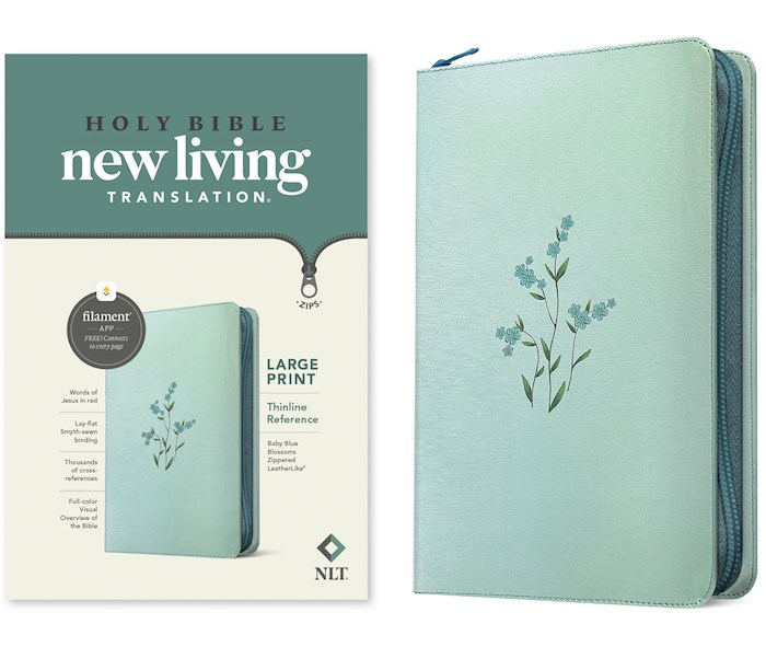 367857 NLT Large Print Thinline Reference Zipper Filament Enable Bible - Baby Blue Blossoms Leather Like