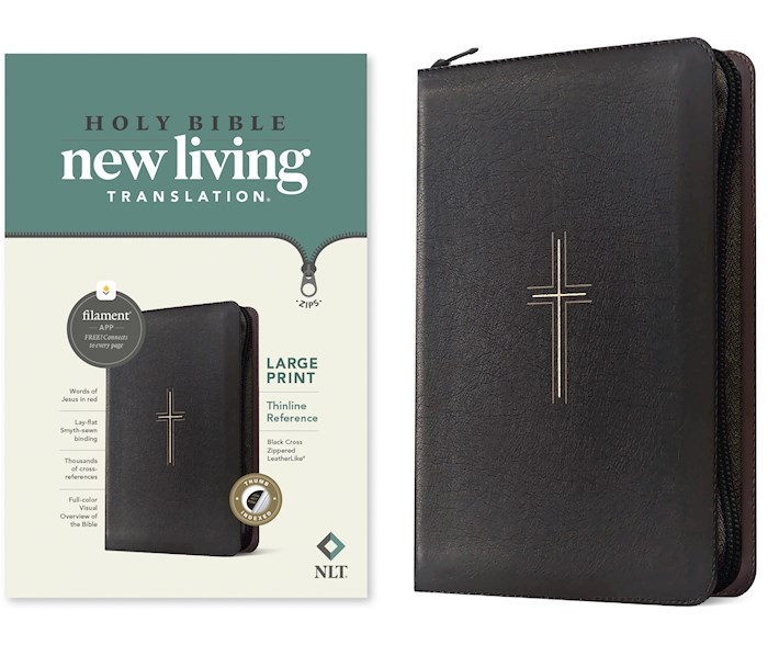 367858 NLT Large Print Thinline Reference Zipper Filament Enable Bible - Black Cross Leather Like Indexed