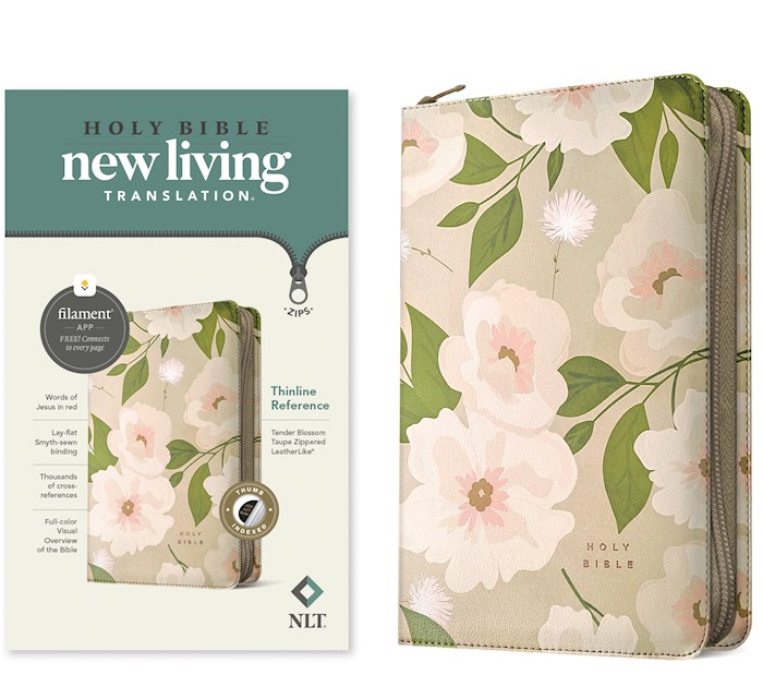 367868 NLT Thinline Reference Zipper Bible, Filament Enabled - Taupe Tender Blossom Leather Like Indexed
