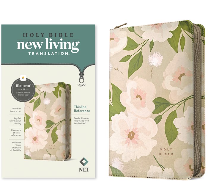 367869 NLT Thinline Reference Zipper Filament Enabled Bible - Taupe Tender Blossom Leather Like