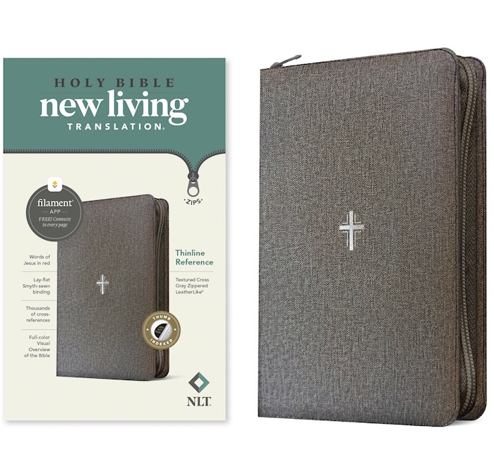 367870 NLT Thinline Reference Zipper Filament Enabled Bible - Gray Textured Cross Leather Like Indexed