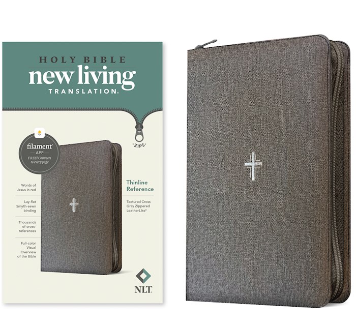 367871 NLT Thinline Reference Zipper Filament Enabled Bible - Gray Textured Cross Leather
