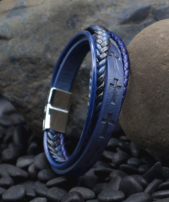 Eden Merry by James Lawrence 452697 Eden Merry Mens Leather Stamped Cross Bracelet, Blue