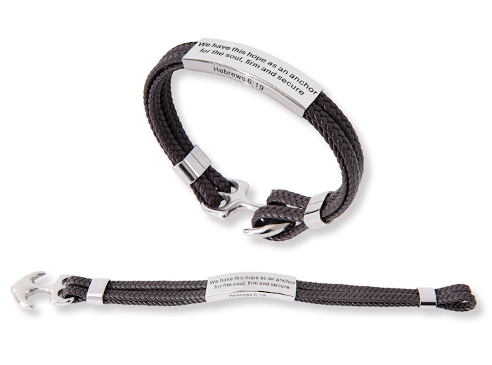 47928X Bracelet - We Have This Hope As An Anchor - Hebrews 6-19 - Stainless Steel & Leather - No.9826