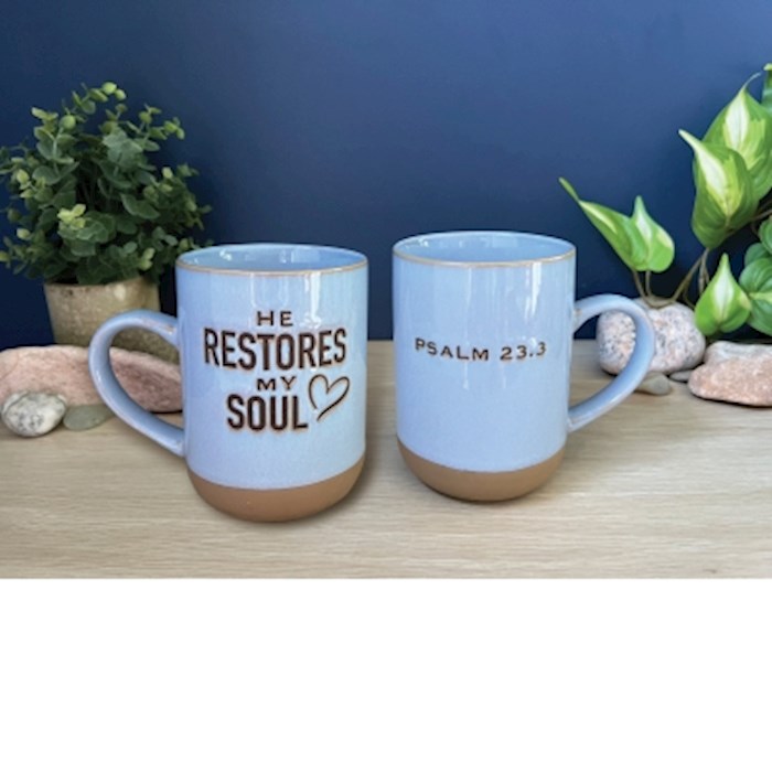Picture of Abbey Plus CA Gift 479216 Mug - Scripture - He Restores My Soul - Psalm 23-3 - 18 oz