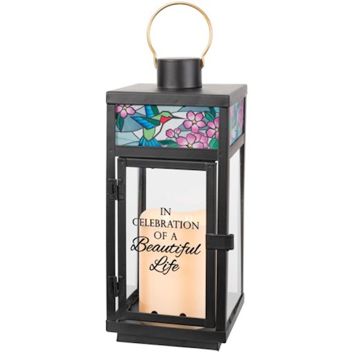397540 Lantern with Flameless LED Candle & Timer - Stained Glass & In Celebration of A Beautiful Life - 4.25 x 12 x 4.25 in.