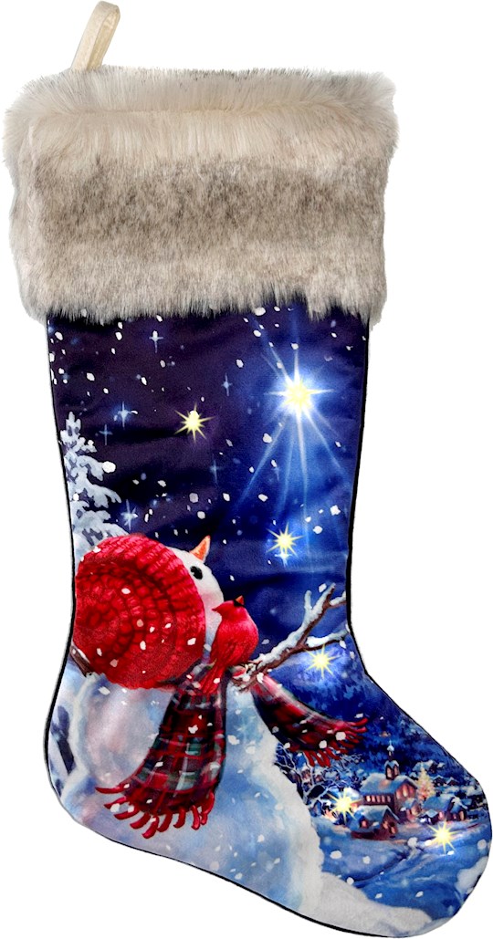 Snowman LED Stocking - Red & White - 23 in. - Faux Fur Trim - Timer Feature