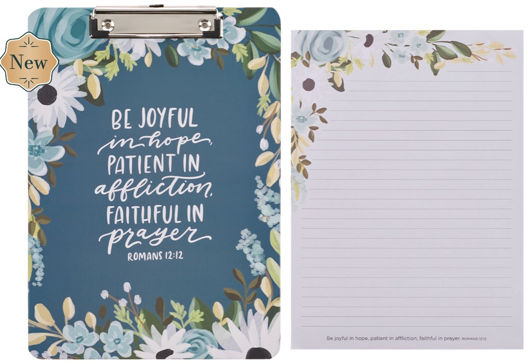 745687 Blue Clipboard with Writing Pad - Be Joyful in Hope - Romans 12-12 Design