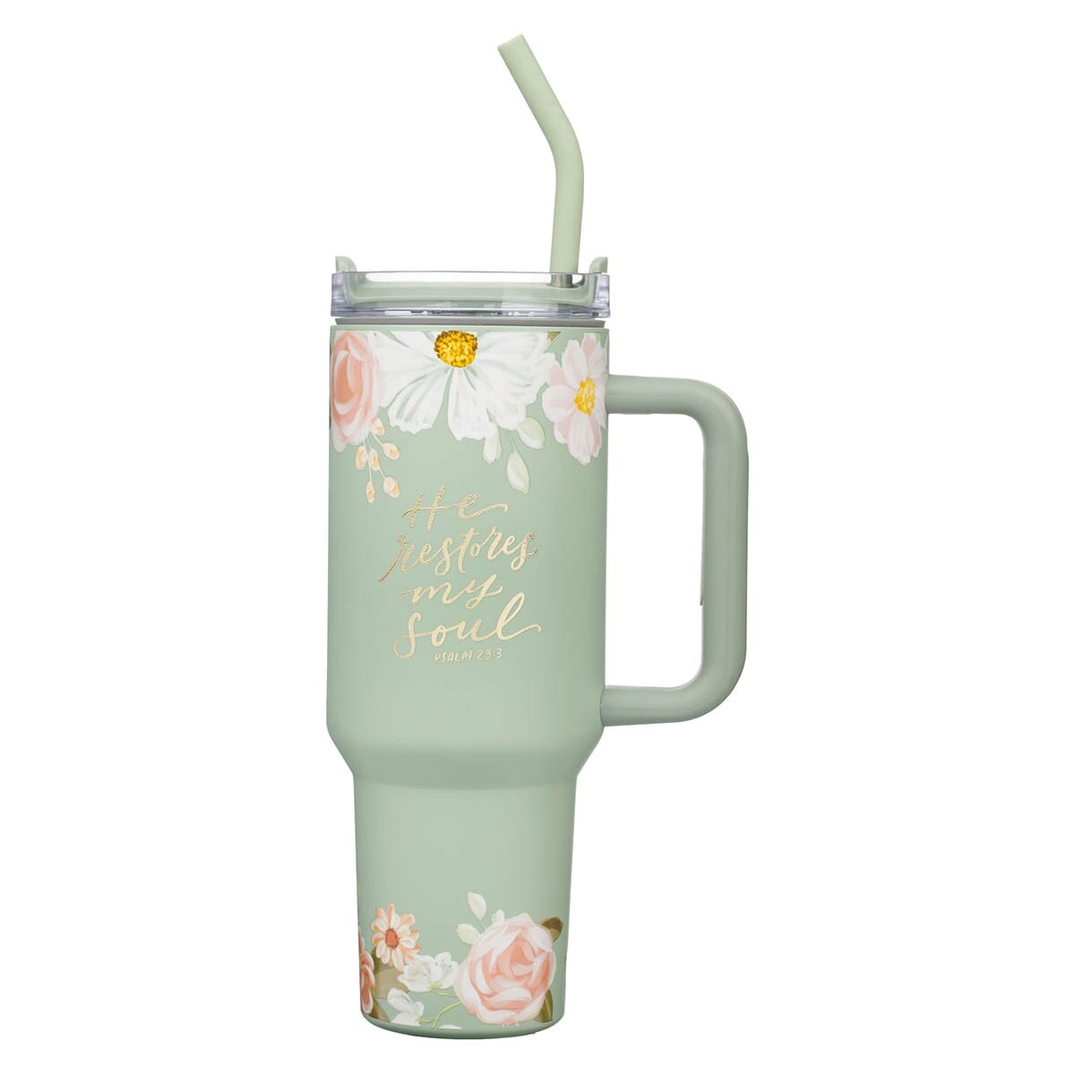 Picture of Christian Art Gifts 472273 40 oz Stainless Steel He Restores My Soul with Straw Travel Mug