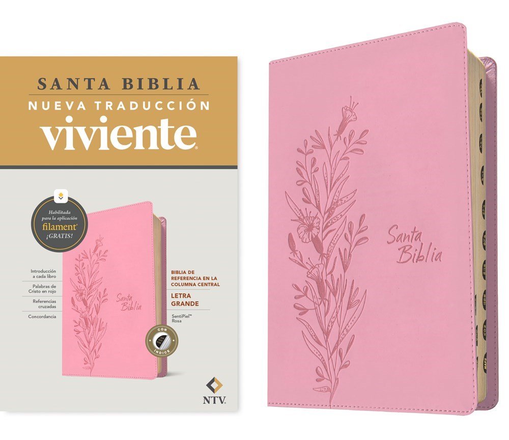 561697 NTV Center Column Reference Bible, Large Print with Filament - Pink Leatherlike Indexed