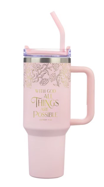 Picture of Christian Art Gifts 472283 Travel Mug - With God All Things with Straw - 40 oz - Stainless Steel