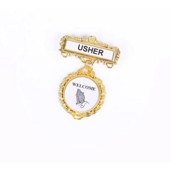 408182 Decal-Ethnic-Usher-Welcome-Praying Hands-Pin Back-Brass-Fancy Round Pin