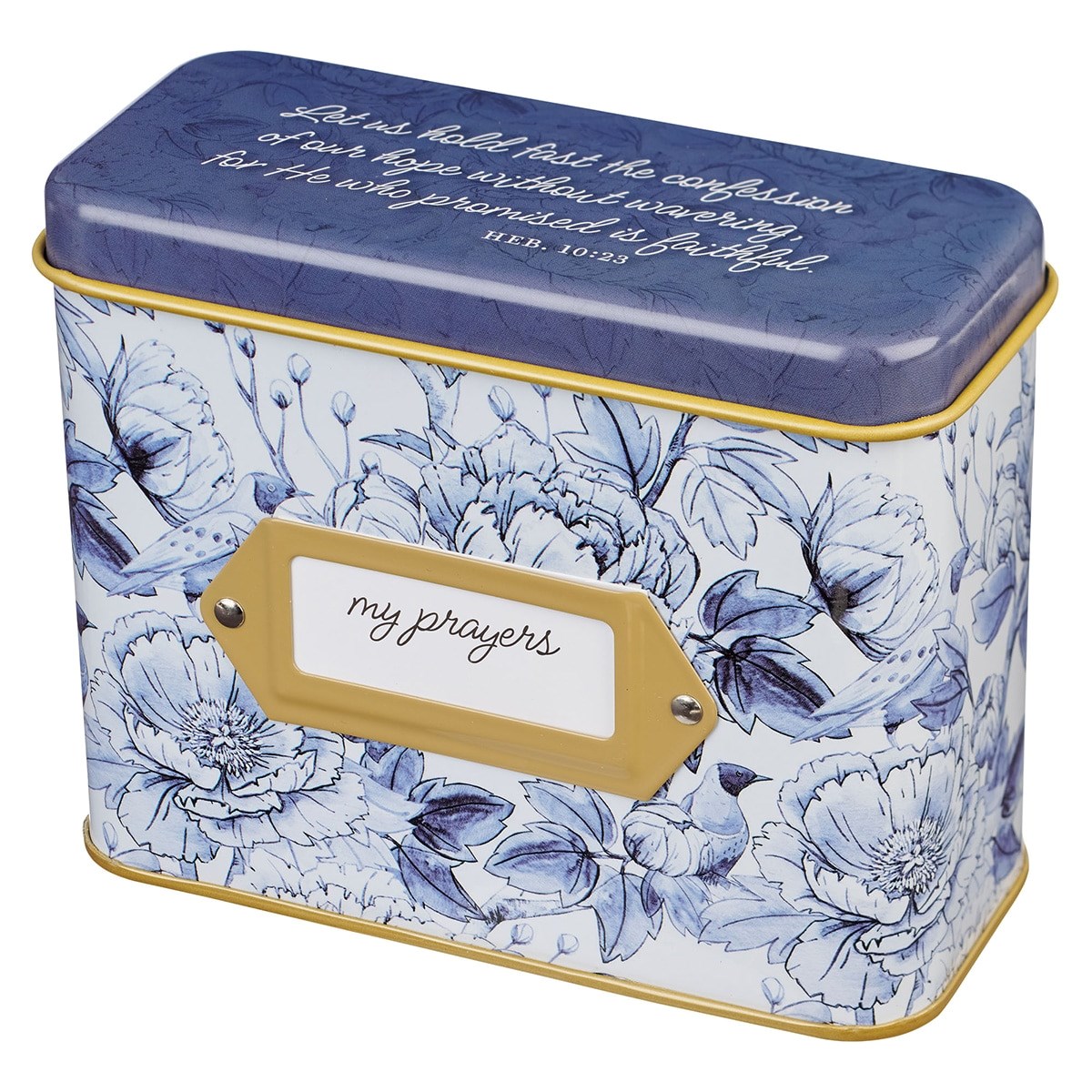 368527 Scripture Cards in Tin - My Prayers Hebrews 10-23 - Blue Floral