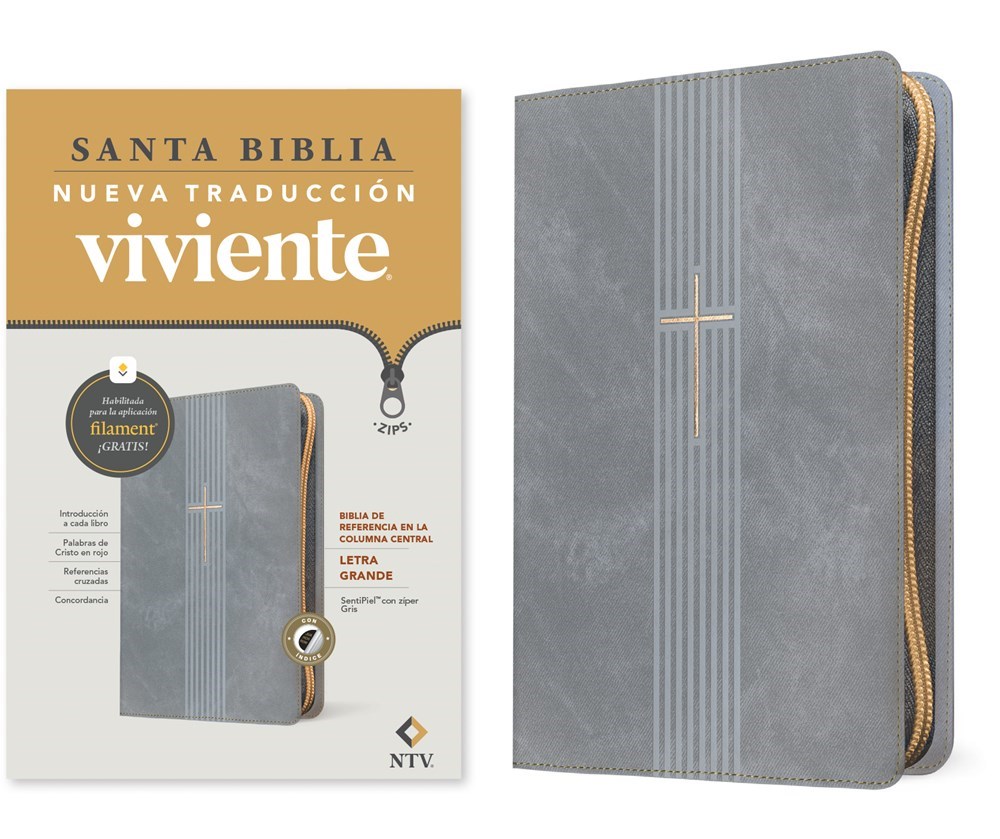 561699 NTV Center Column Reference Bible, Large Print, Zippered with Filament-Gray Leatherlike Indexed