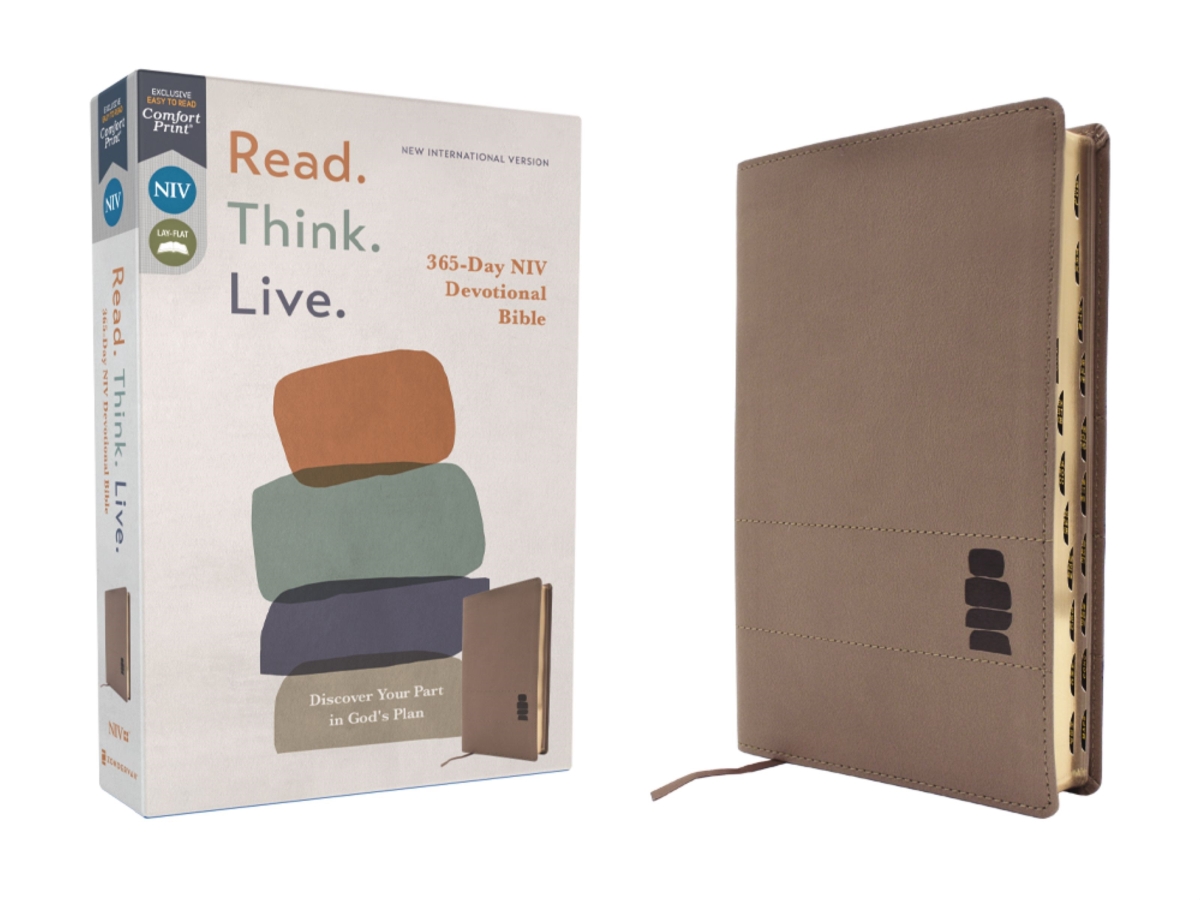 581101 NIV Read. Think. Live. 365-Day Comfort Print Devotional Bible - Brown Leathersoft Indexed